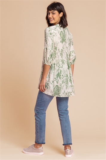 Green Floral Print Notch Neck Top, Image 2 of 4
