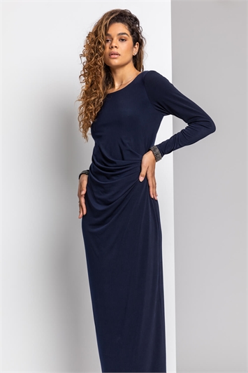 Midnight Blue Sparkle Embellished Ruched Maxi Dress