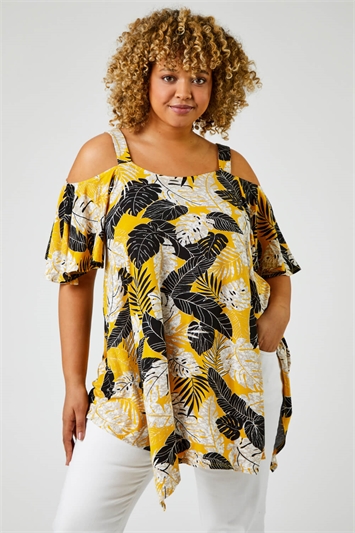 Curve Tropical Leaf Print Cold Shoulder Topand this?