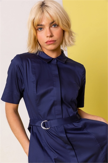 Navy Cotton Belted Shirt Dress, Image 4 of 4
