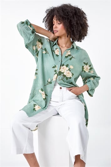 Green Floral Cotton Blend Longline Tunic Shirt