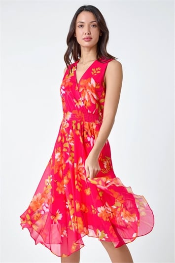 Pink Floral Print Chiffon Shirred Asymmetric Dress