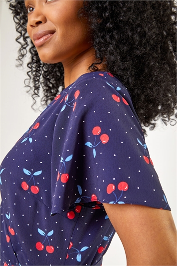 Navy Petite Cherry Spot Print Wrap Dress, Image 5 of 5