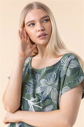 Khaki Floral Print Cap Sleeve Top