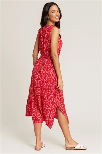 Red Geo Print Sequin Trim Midi Dress, Image 2 of 4