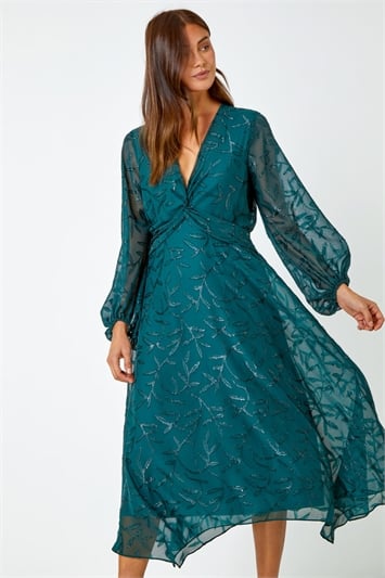 Green Floral Textured Twist Front Chiffon Midi Dress