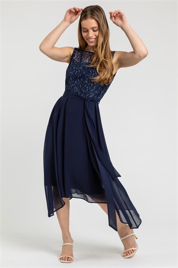 Navy Petite Lace Detail Fit And Flare Dress, Image 5 of 5
