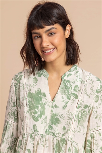 Green Floral Print Notch Neck Top, Image 4 of 4