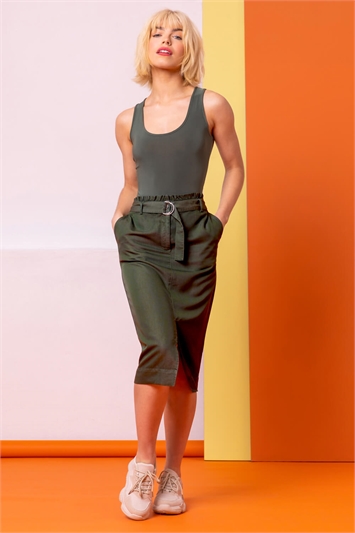 Dark Green Belt Detail Split Front Skirt, Image 3 of 4