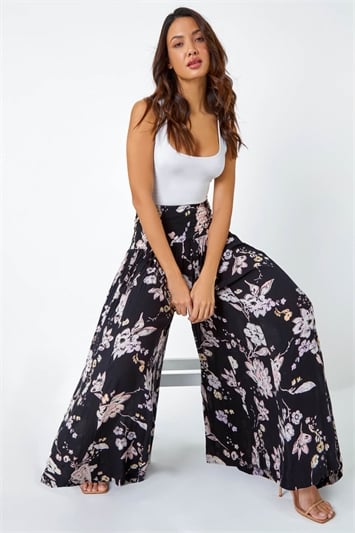 Black Floral Wide Leg Palazzo Trousers