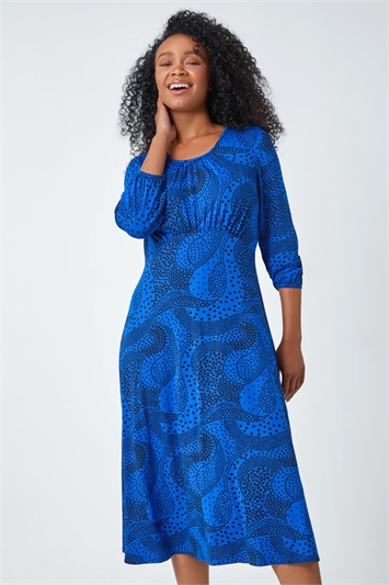 Blue Petite Abstract Spot Stretch Midi Dress