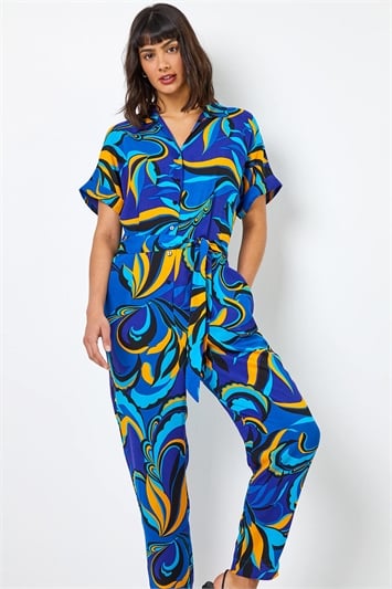 Royal Blue Abstract Print Collared Jumpsuit