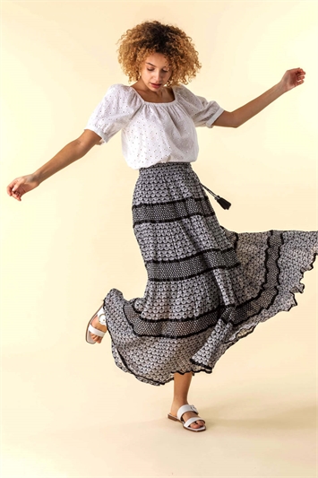 Black Monochrome Print Tiered Maxi Skirt