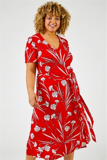 Red Curve Floral Print Fit And Flare Midi Dress