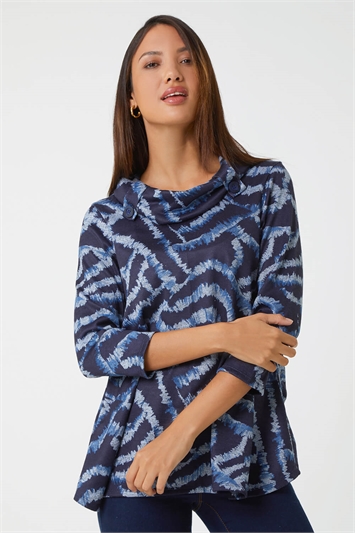Blue Abstract Print Cowl Neck Stretch Top