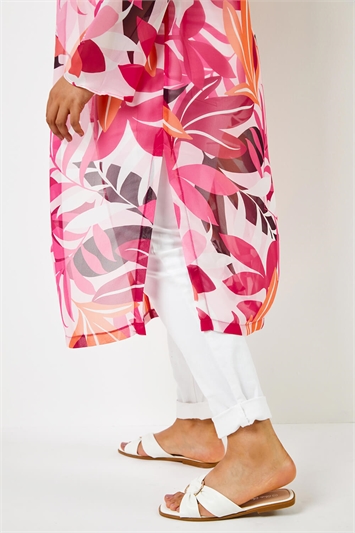 Fuchsia Curve Tropical Print Longline Kimono , Image 5 of 5