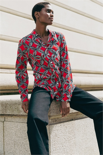 Red Geometric Print Button Blouse