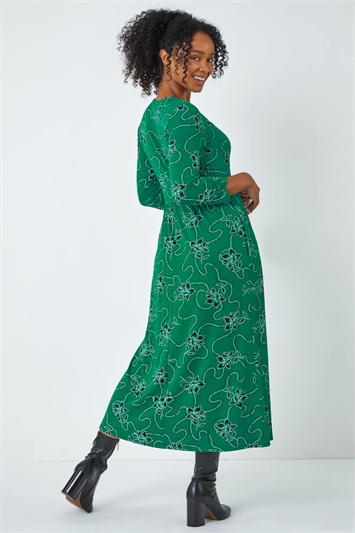 Green Petite Floral Print Stretch Midi Dress