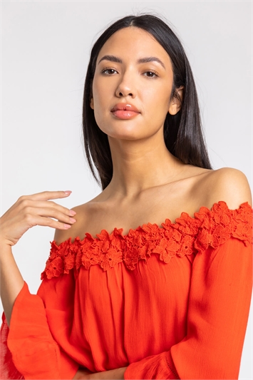 Red Lace Trim Bardot Top, Image 5 of 5