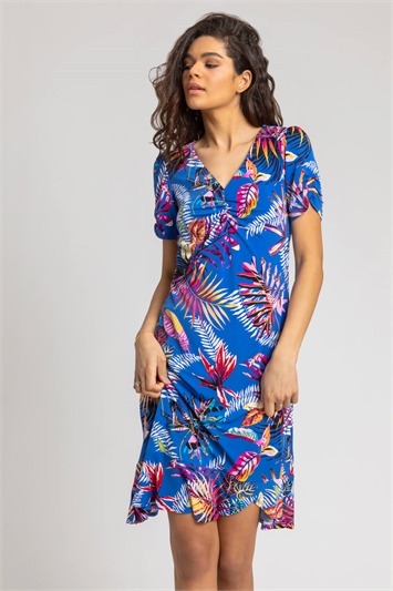 Blue Tropical Print Frill Detail Dress