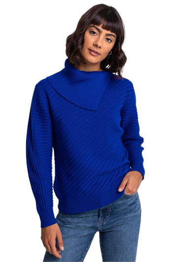 blue roll neck jumper