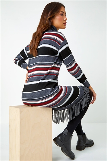 Red Stripe Roll Neck Fringe Knitted Dress