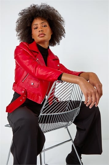 Red Cropped Faux Leather Biker Jacket
