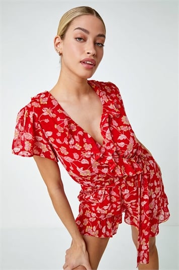 Red Floral Frill Wrap Playsuit