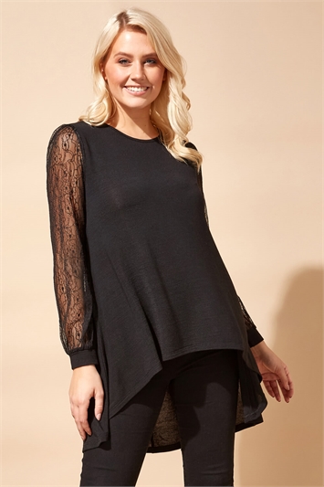 Lace Sleeve Dip Hem Top in Black - Roman Originals UK