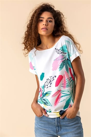 Multi Abstract Leaf Print Stretch T-Shirt, Image 1 of 4