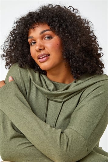 Brown Curve Cowl Neck Relaxed Stretch Top