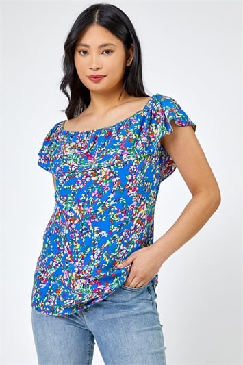 Blue Petite Ditsy Floral Bardot Top, Image 1 of 5