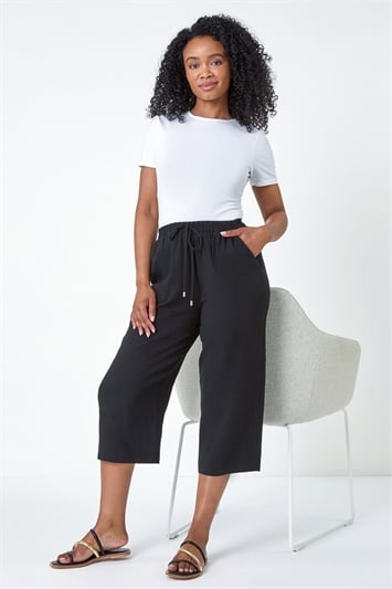 Black Petite Linen Mix Wide Cropped Trousers