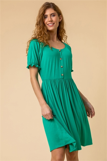 Green Puff Sleeve Buttoned Jersey Dress