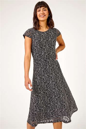 Palm Print Lace Fitted Dress in Petrol Blue - Roman Originals UK