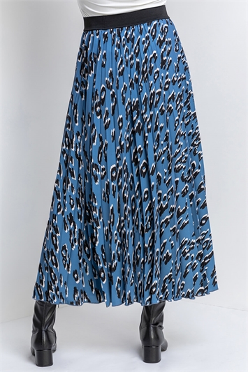 Blue Animal Print Pleated Maxi Skirt, Image 2 of 4