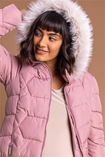 Light Pink Faux Fur Trim Hooded Coat, Image 5 of 5