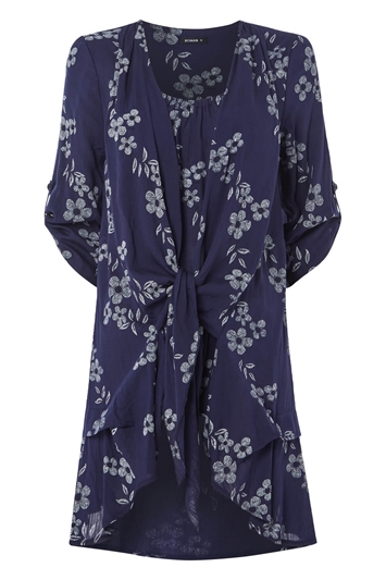 Navy Floral Print Crinkle Tunic, Image 4 of 8