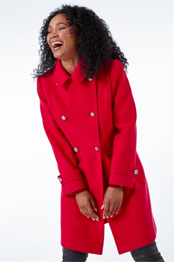 Red Petite Double Breasted Military Coat