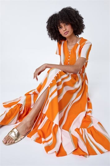 Orange Abstract Textured Frill Hem Maxi Dress