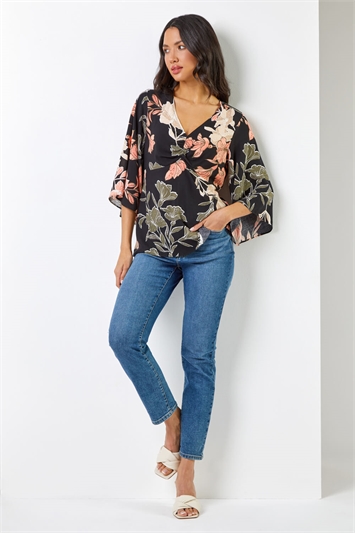 Black Tropical Print Ruched Tunic Top, Image 3 of 5
