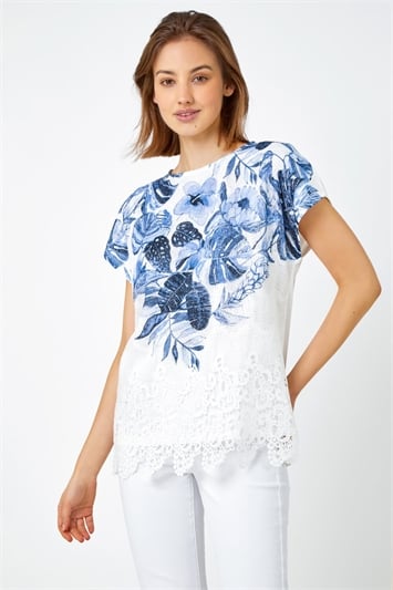 Blue Floral Print Lace Trim Stretch T-Shirt