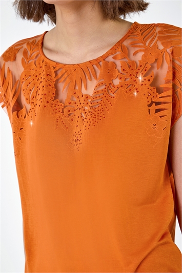 Orange Embellished Palm Print Cut Out T-Shirt