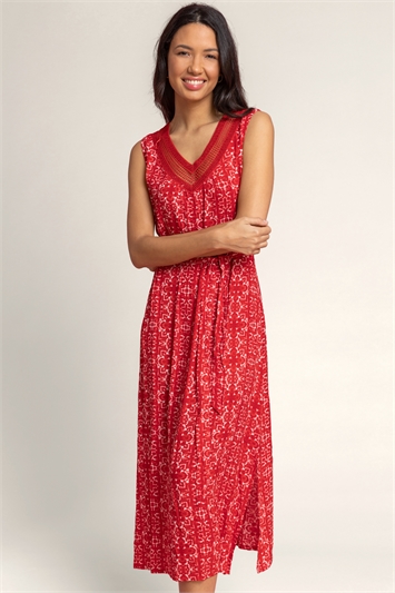 Red Geo Print Sequin Trim Midi Dress