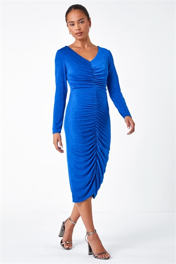 Blue Petite Ruched Front Stretch Dress
