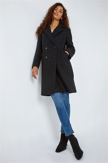 Black Relaxed Double Breasted Boucle Coat