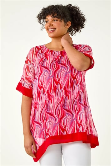 Pink Curve Abstract Print Chiffon Overlay Top