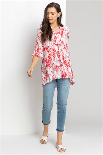 Red Floral Print Notch Neck Top, Image 3 of 4