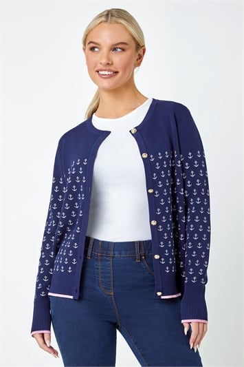 Blue Petite Anchor Embroidered Cardigan