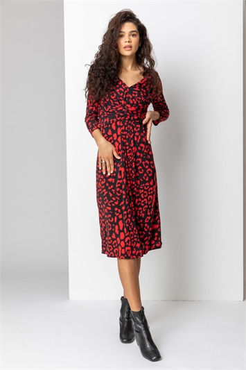 Red Animal Print Fit And Flare Dress, Image 3 of 4